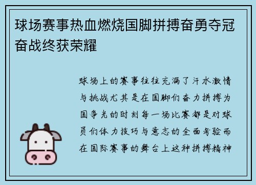 球场赛事热血燃烧国脚拼搏奋勇夺冠奋战终获荣耀